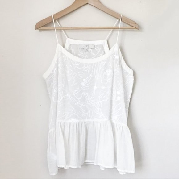 LOFT Tops - Loft White Floral Embroidered Babydoll Cami | S